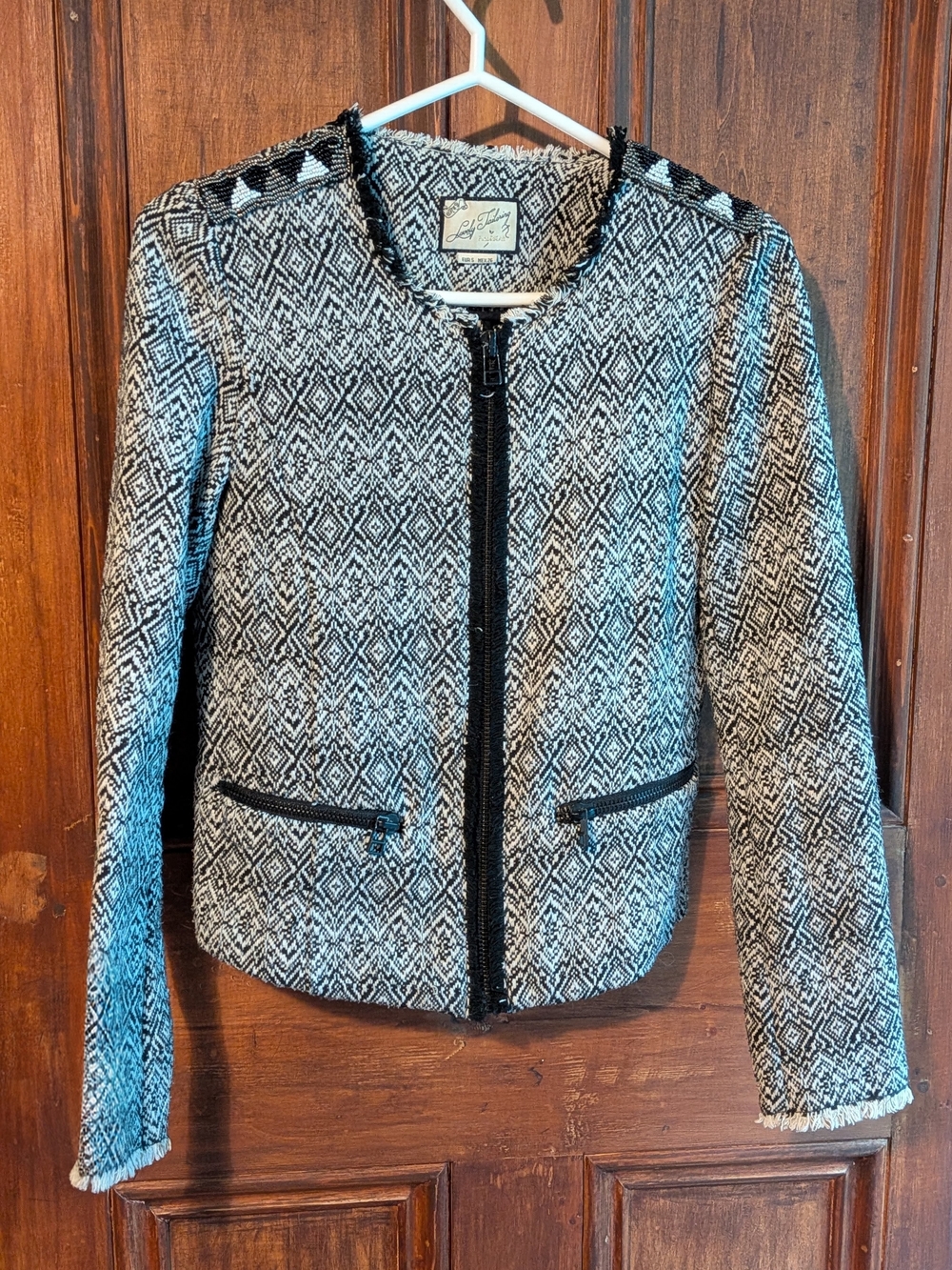 Pull&Bear Black White Geometric Tweed Zip Jacket | Beaded Shoulder Tweed Blazer